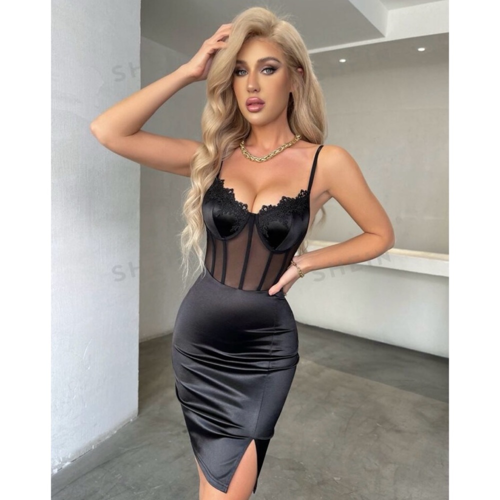 Black Lace Mesh Satin Cami Dress